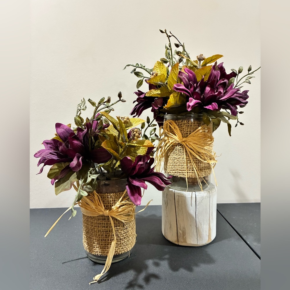 Handmade Christmas Faux Floral Arrangement Maroon Leaves Bow Jar